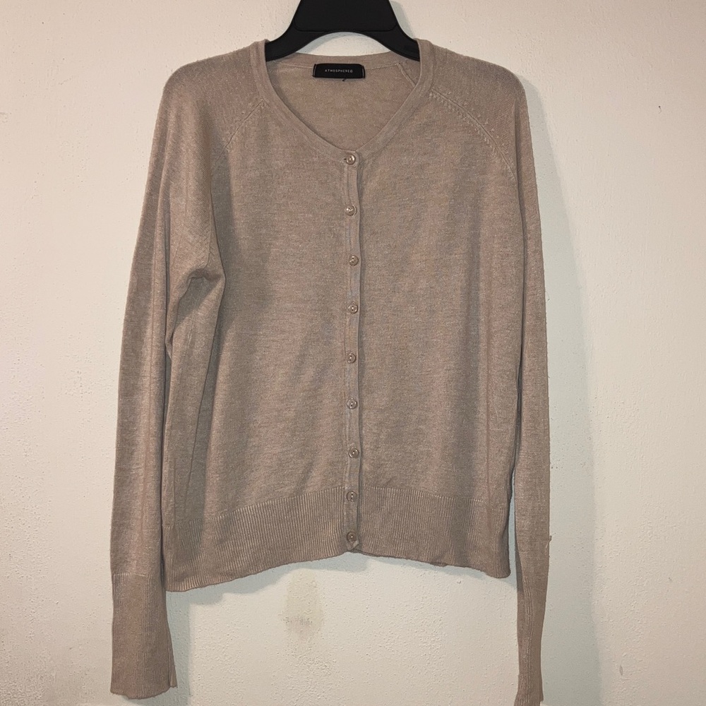 Atmosphere Beige Tan Cardigan Lightweight Sweater Button Up with Textured Cuffs